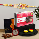 (K1_282_CM32) Multicolor Red OM Rakhi Combo with Chocolate Magic 32gm, Silver Color Pooja Coin, Roli Chawal & Greeting Card, Occasion, Rakhi for brother with gift, chocolate gift pack, rakhi with Chocolate Gift Hemper, Bracelets for men, Set