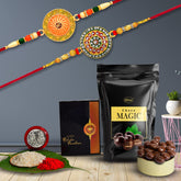 (K2_604+538_SP) Multicolor Rakhi Combo & Chocolate Magic 32gm with Silver Color Pooja Coin, Roli Chawal & Greeting Card | Occasion | Rakhi & Chocolate for brother | bracelets for men stylish | rakhi with gift | Rakhi Combo | Set of 2 Rakhi |