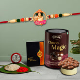 (K1_522_CD) Multicolor Idol ganesh rakhi Combo & Chocolate Delight 96gm with Silver Color Pooja Coin, Roli Chawal & Greeting Card | Occasion | Rakhi & Chocolate for brother | bracelets for men stylish | rakhi with gift | Rakhi Combo | Set of