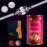 (K1_A30_CA) Multicolor Free Hand Drawing Silver Color Rakhi Combo & Chocolate Almonds 96gm with Silver Color Pooja Coin, Roli Chawal & Greeting Card | Occasion | Rakhi & Chocolate for brother | bracelets for men stylish | rakhi with gift | R
