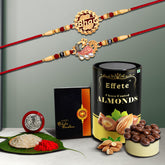 (K2_527+528_AS) Multicolor Bhai & OM Colorful Beads Rakhis Combo with Assorted Chocolate Dry fruits 96gm, Silver Color Pooja Coin, Roli Chawal & Greeting Card, Occasion, Rakhi for brother with gift, chocolate gift pack, rakhi with Chocolate