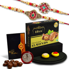 (K2_418+419_CA32) Rakhi Combo with Chocolate Almonds 32gm| Rakhi for brother with gift | chocolate gift pack |rakhi with Chocolate Gift Hemper | Fancy Rakhi for men | Set of 2 |