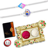 (K2_C22+C23_AA1) Rakhi Combo with Pooja Coin, Gold Color Pooja Thali / Tilak Set & Greeting Card, rakhi thali set | Rakhi with plate | rakhi hamper | handmade rakhi | rakhi for brother kids | rakhi for brother and bhabhi | men fancy rakhi | rakhi S