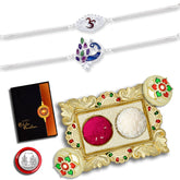 (K2_C13+C14_AA1) Rakhi Combo with Pooja Coin, Gold Color Pooja Thali / Tilak Set & Greeting Card, rakhi thali | rakhi for brother and bhabhi | Rakhi with plate | Rakhi for brother and bhabhi | rakhi silver | rakhi for baby brother | rakhi for broth