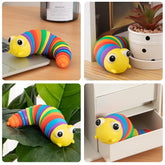 Vibrantly colored 3D rainbow plastic slug fidget toy twisting
