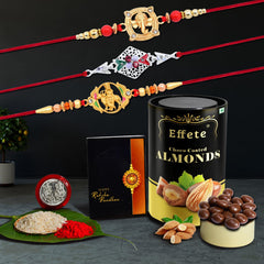 (K3_908+909+A42_CA) Rakhi Combo with Chocolate Almonds 96gm, Rakhi & Chocolate for brother, Fancy Rakhis for men stylish, rakhi with gift, Rakhi Combo, Set of 3, Chocolate