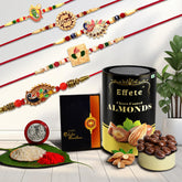 (K5_Nc4_Bs32) Multicolor Bracelet/ Rakhi With Chocolate Butter Scotch, Silver Color Pooja Coin, Roli Chawal & Greeting Card| Handmade Rakhi |Stylish Set Of 5 Rakhi |