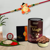 (K1_255_CD) Multicolor orange Rakhi Combo with Chocolate Delight 96gm, Silver Color Pooja Coin, Roli Chawal & Greeting Card, Occasion, Rakhi for brother with gift, chocolate gift pack, rakhi with Chocolate Gift Hemper, Bracelets for men, Set