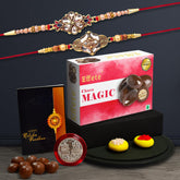 (K2_285+286_CM32) Multicolor Turtle & Flower Floral Crystal Colorful Beads Rakhis Combo with Chocolate Magic 32gm, Silver Color Pooja Coin, Roli Chawal & Greeting Card | Occasion | Rakhi for brother with gift | bracelets for men stylish |rak