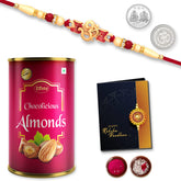 (K1_282_CA) Multicolor Red OM Rakhi Combo with Chocolate Almonds 96gm, Silver Color Pooja Coin, Roli Chawal & Greeting Card | Occasion | Rakhi for brother with gift | chocolate gift pack |rakhi with Chocolate Gift Hemper | Bracelets for men
