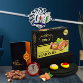 (K1_A36_CA32) Multicolor Rakhi Combo with Chocolate Almonds , Silver Color Pooja Coin, Roli Chawal & Greeting Card | Occasion | Rakhi for brother with gift | chocolate gift pack |rakhi with Chocolate Gift Hemper | Bracelets for men | Set of
