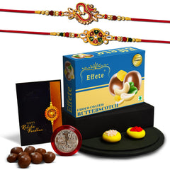 (K2_551+552_BS32) Rakhi Combo with Chocolate Butter Scotch 32gm, Pooja Coin & Greeting Card, Rakhi Gift Hamper, stylish rakhi for brother, Rakhi & Chocolate for brother, rakhi brother, rakhi with gift, handmade rakhi, rakhi set of 2
