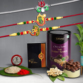 (K3_A61+308+309_BS) Multicolor Rakhi Combo with Chocolate Butter Scotch , Silver Color Pooja Coin, Roli Chawal & Greeting Card | Occasion | Rakhi for brother with gift | bracelets for men stylish |rakhi combo for brother | Set of 3 Rakhi | R