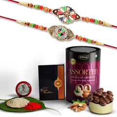 (K2_416+417_AS) Rakhi Combo with Assorted Chocolate Dryfruits 96gm| Rakhi for brother with gift | chocolate gift pack |rakhi with Chocolate Gift Hemper | Fancy Rakhi for men | Set of 2 |