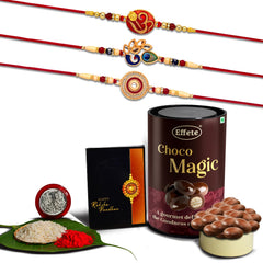 (K3_277+282+293_EM) Rakhi Combo with Chocolate Magic, Rakhi for brother with gift, chocolate gift pack, rakhi with Chocolate Gift Hemper, Fancy Rakhis for men, Set of 3 Rakhi