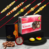 (K5_NC107_CM32) Rakhi Combo with Chocolate Magic 32gm, Pooja Coin & Greeting Card, Rakhi Gift Hamper, Rakhi for brother with gift, chocolate gift pack, rakhi with Chocolate Gift Hemper, Fancy Rakhis for men, rakhi set of 5