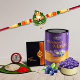 (K1_307_CD) Multicolor Leaf shped Rakhi / Bracelet with Chocolate Delight 96gm, Silver Color Pooja Coin, Roli Chawal & Greeting Card| Rakhi for brother with gift | handmade rakhi |rakhi combo for brother | stylish rakhi for brother | Set of