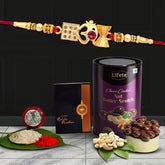 (K1_282_AS) Multicolor Red OM Rakhi Combo with Assorted Chocolate Dry fruits 96gm, Silver Color Pooja Coin, Roli Chawal & Greeting Card, Occasion, Rakhi & Chocolate for brother, Rakhi with chocolate, rakhi with gift, Rakhi Combo, Set of 1 Ra