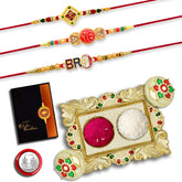 (K3_326+360+361_AA1) Rakhi Combo with Pooja Coin, Gold Color Pooja Thali / Tilak Set & Greeting Card Rakhi with plate | rakhi thali set | rakhi for brother kids | rakhi in silver | rakhi hamper | handmade rakhi | rakhi for brother & bhabhi | rakhi