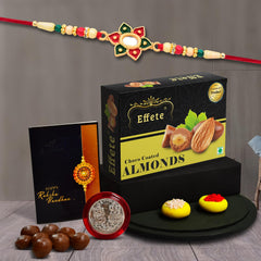 (K1_271_CA32) Rakhi Combo with Chocolate Almonds 32gm, Rakhi for brother with gift, chocolate gift pack, rakhi with Chocolate Gift Hemper, Fancy Rakhis for men, Set of 1 Rakhi