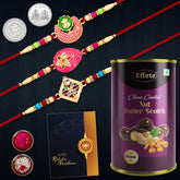 (K3_517+518+519_BS) Multicolor Rakhi Combo with Chocolate Butter Scotch 96gm, Silver Color Pooja Coin, Roli Chawal & Greeting Card| stylish rakhi for brother | Rakhi & Chocolate for brother | rakhi brother | rakhi with gift | handmade rakhi