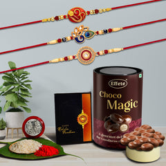 (K3_277+282+293_EM) Rakhi Combo with Chocolate Magic, Rakhi for brother with gift, chocolate gift pack, rakhi with Chocolate Gift Hemper, Fancy Rakhis for men, Set of 3 Rakhi