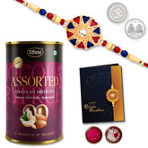 (K1_536_AS) Multicolor Hearts Diamond Colorful Beads Rakhi Combo with Assorted Chocolate Dry fruits 96gm, Silver Color Pooja Coin, Roli Chawal & Greeting Card | Occasion | Rakhi for brother with gift | chocolate gift pack |rakhi with Chocola