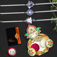 (K3_C14+C15+C16_AA3) Rakhi Combo with Pooja Coin, Shri Ganesh Pooja Thali / Tilak Set & Greeting Card Rakhi with plate | rakhi thali set | rakhi for brother kids | rakhi in silver | rakhi hamper | handmade rakhi | rakhi for brother & bhabhi | rakhi