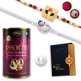 (K2_278+A22_AS) Multicolor Rakhi Combo with Chocolate Assorted, Silver Color Pooja Coin, Roli Chawal & Greeting Card | Occasion | Rakhi for brother with gift | bracelets for men stylish |rakhi combo for brother | Set of 2 Rakhi | Rakhi Choco