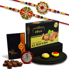 (K2_299+304_CA32) Rakhi Combo with Chocolate Almonds 32gm| Rakhi for brother with gift | chocolate gift pack |rakhi with Chocolate Gift Hemper | Fancy Rakhi for men | Set of 2 |