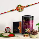 (K1_907_AS) Multicolor Rakhi Combo with Assorted Chocolate Dry fruits , Silver Color Pooja Coin, Roli Chawal & Greeting Card | Occasion | Rakhi for brother with gift | chocolate gift pack |rakhi with Chocolate Gift Hemper | Bracelets for men
