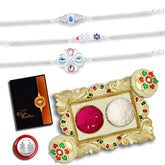 (K3_C31+C32+C33_AA1) Rakhi Combo with Pooja Coin, Gold Color Pooja Thali / Tilak Set & Greeting Card, rakhi thali | rakhi for brother and bhabhi | Rakhi with plate | Rakhi for brother and bhabhi | rakhi silver | rakhi for baby brother | rakhi for b