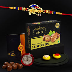 (K1_320_CA32) Rakhi Combo with Chocolate Almonds 32gm, Rakhi for brother with gift, chocolate gift pack, rakhi with Chocolate Gift Hemper, Fancy Rakhis for men, Set of 1 Rakhi