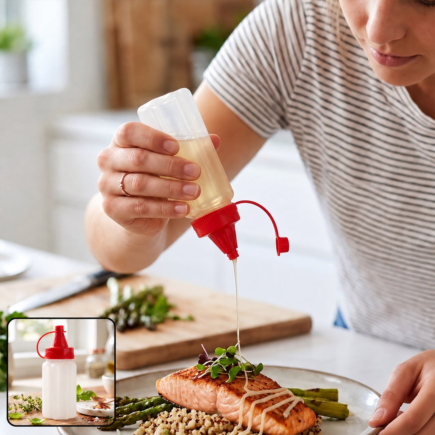 A person drizzles oil from a clear plastic squeeze bottle with a red cap onto salmon and asparagus.