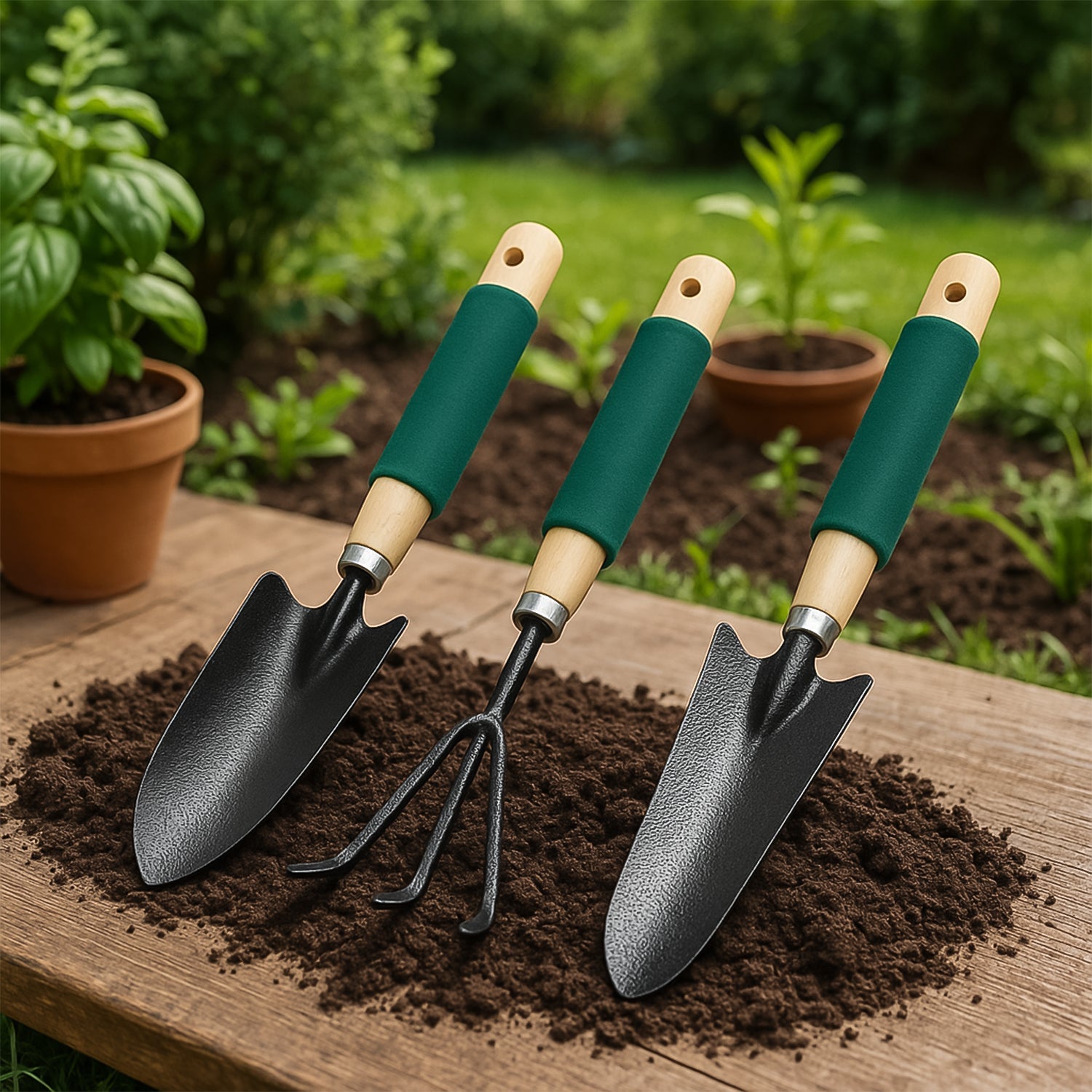 3-piece gardening tool set with hand cultivator, trowel, and weeder