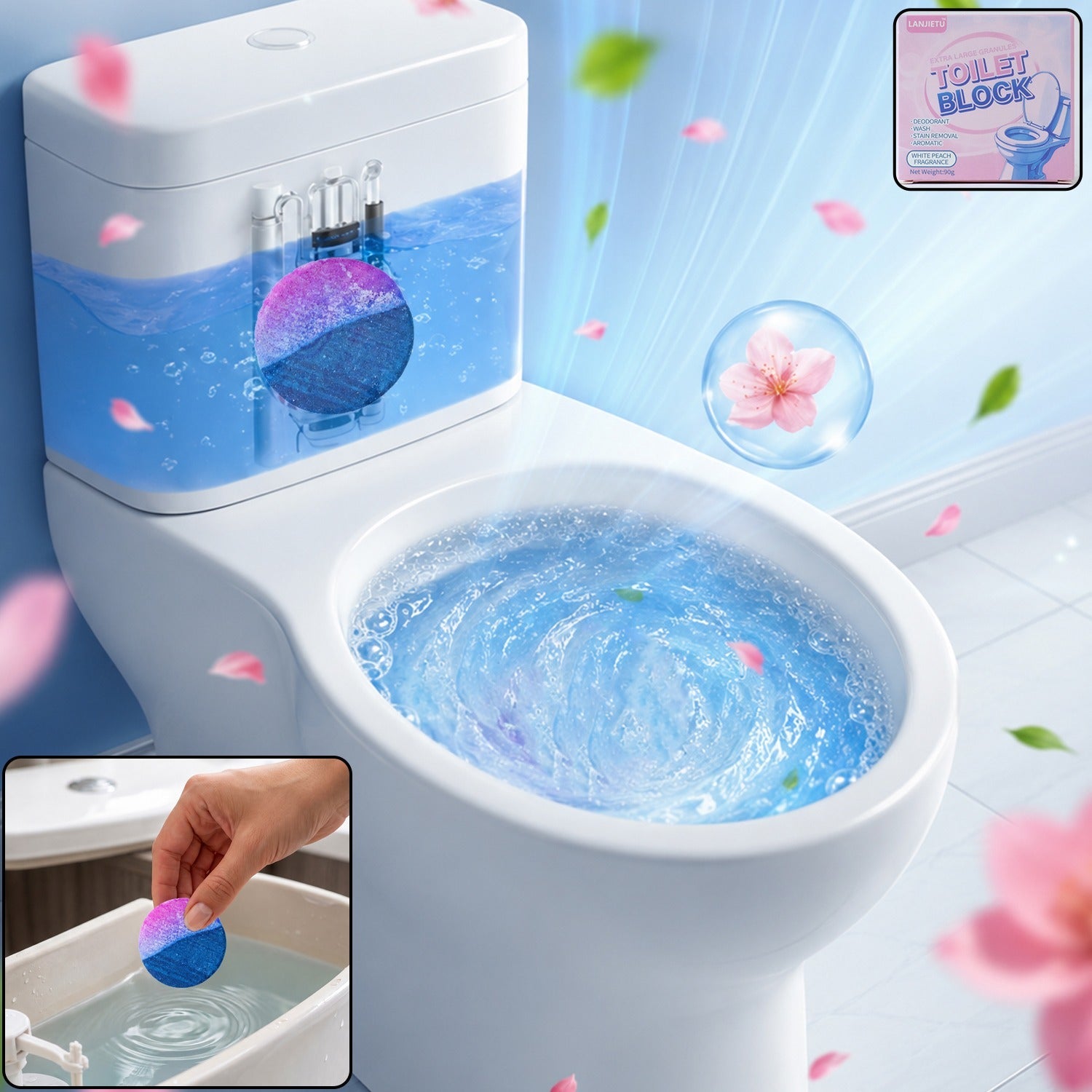 Toilet bowl cleaning block, tank cleaner tablet with white peach fragrance (1 pc)