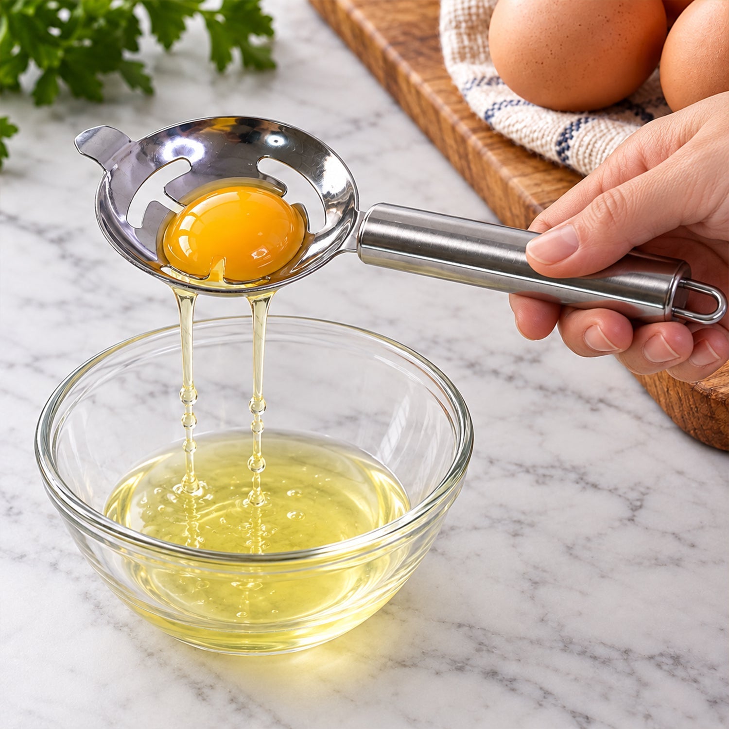 A hand holds a shiny stainless steel egg separator with a yolk inside, draining white into a clear bowl.