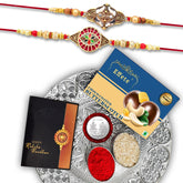 (K2_427+428_DS+BS32) Rakhi Combo with Chocolate Butter Scotch 32gm & Silver Pooja Thali, Pooja Coin & Greeting Card, Rakhi gift set | Rakhi thali | rakhi for brother kids | Rakhi with plate | rakhi hamper for brother | rakhi for brother with