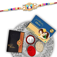 (K1_514_DS+BS32) Rakhi Combo with Chocolate Butter Scotch 32gm & Silver Pooja Thali, Pooja Coin & Greeting Card, Rakhi thali | Rakhi gift set | rakhi thali set | rakhi with chocolate | Rakhi with plate | rakhi hamper for brother | rakhi with