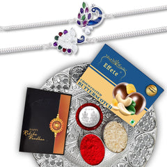 (K2_C14+C15_DS+BS32) Rakhi Combo Chocolate Butter Scotch 32gm & Silver Pooja Thali with Pooja Coin & Greeting Card, | Rakhi gift set | Rakhi thali | rakhi gifts | Kids car rakhi | Rakhi with plate | rakhi thali set | rakhi with gift | rakhi