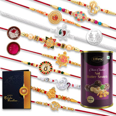 (K10_MC31_BS) Rakhi Combo with Chocolate Butter Scotch 96gm, Pooja Coin & Greeting Card, Rakhi Gift Hamper, Rakhi for brother with gift, chocolate gift pack, rakhi with Chocolate Gift Hemper, Fancy Rakhis for men, rakhi set of 10