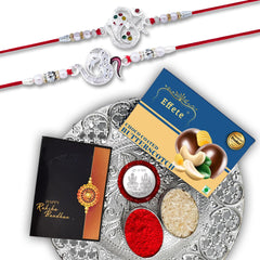 (K2_A8+A13_DS+BS32) Rakhi Combo with Chocolate Butter Scotch 32gm & Silver Pooja Thali, Pooja Coin & Greeting Card, Rakhi gift set | Rakhi thali | rakhi for brother kids | Rakhi with plate | rakhi hamper for brother | rakhi for brother with