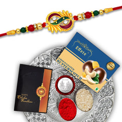 (K2_316+317_DS+BS32) Rakhi Combo with Chocolate Butter Scotch 32gm & Silver Pooja Thali, Pooja Coin & Greeting Card, Rakhi thali | Rakhi gift set | rakhi for brother kids | rakhi thali set | Rakhi with plate | rakhi hamper for brother | rakh