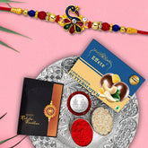 (K2_410+411_DS+BS32) Rakhi Combo Chocolate Butter Scotch 32gm & Silver Pooja Thali with Pooja Coin & Greeting Card, | Rakhi gift set | Rakhi thali | rakhi gifts | Kids car rakhi | Rakhi with plate | rakhi thali set | rakhi with gift | rakhi