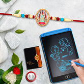 (K1_520_1360) Multicolor Circular unquie rakhi & LCD Writing Pad/Tablet for Kids with Silver Color Pooja Coin & Greeting Card, Occasion, kids silver Rakhi, Rakhi for brother with gift kids, gifts for Little brother, fancy Rakhi for brother , Set of