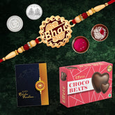 (K1_527_CB32) Multicolor BHAI coded rakhi Combo with Chocolate Beats 32gm, Silver Color Pooja Coin, Roli Chawal & Greeting Card, Occasion, Rakhi & Chocolate for brother, Rakhi with chocolate, rakhi with gift, Rakhi Combo, Set of 1 Rakhi, Rak