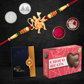 (K1_261_CB32) Multicolor Hanuman Rakhi Combo with Chocolate Beats 32gm, Silver Color Pooja Coin, Roli Chawal & Greeting Card | Occasion | Rakhi for brother with gift | chocolate gift pack |rakhi with Chocolate Gift Hemper | Bracelets for men