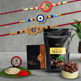 (K3_516+517+518_SM) Rakhi Combo with Choco Magic (Pouch), Rakhi for brother with gift, chocolate gift pack, rakhi with Chocolate Gift Hemper, Fancy Rakhis for men, Set of 3 Rakhi