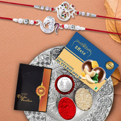 (K2_A8+A13_DS+BS32) Rakhi Combo with Chocolate Butter Scotch 32gm & Silver Pooja Thali, Pooja Coin & Greeting Card, Rakhi gift set | Rakhi thali | rakhi for brother kids | Rakhi with plate | rakhi hamper for brother | rakhi for brother with