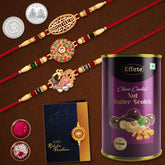 (K3_529+530+531_BS) Multicolor Rakhi Combo with Chocolate Butter Scotch 96gm, Silver Color Pooja Coin, Roli Chawal & Greeting Card | Occasion | Rakhi for brother with gift | bracelets for men stylish |rakhi combo for brother | Set of 3 Rakhi